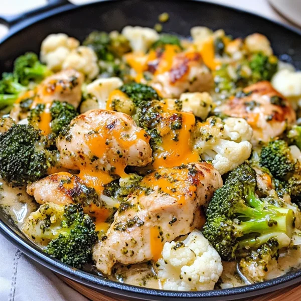 Keto Cheesy Chimichurri Broccoli, Cauliflower and Chicken Skillet