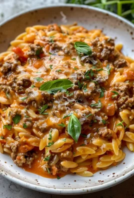 Ground Beef Orzo with Tomato Cream Sauce and Fresh Basil