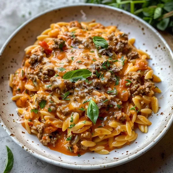 Ground Beef Orzo with Tomato Cream Sauce and Fresh Basil