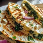 Mediterranean Quesadillas with Spinach Feta Mozzarella and Red Onion