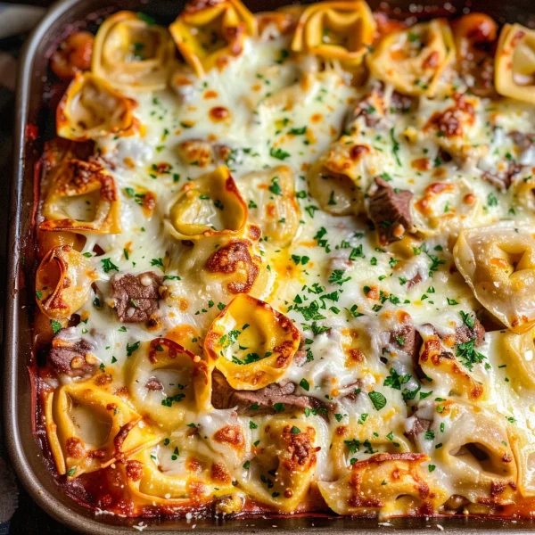 Golden Cheese Steak Tortellini Casserole