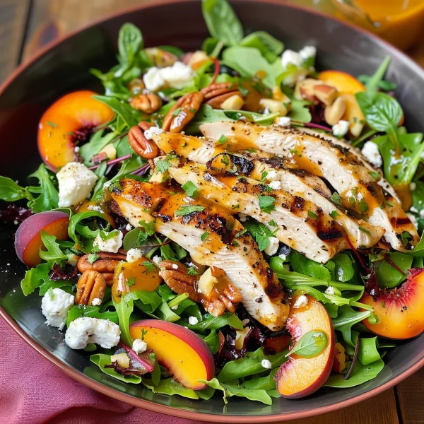 Grilled Chicken, Peach, Pecan and Goat Cheese Salad with Basil Vinaigrette