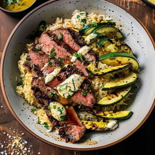 Grilled Steak Bowl with Creamy Sauce & Grilled Zucchini
