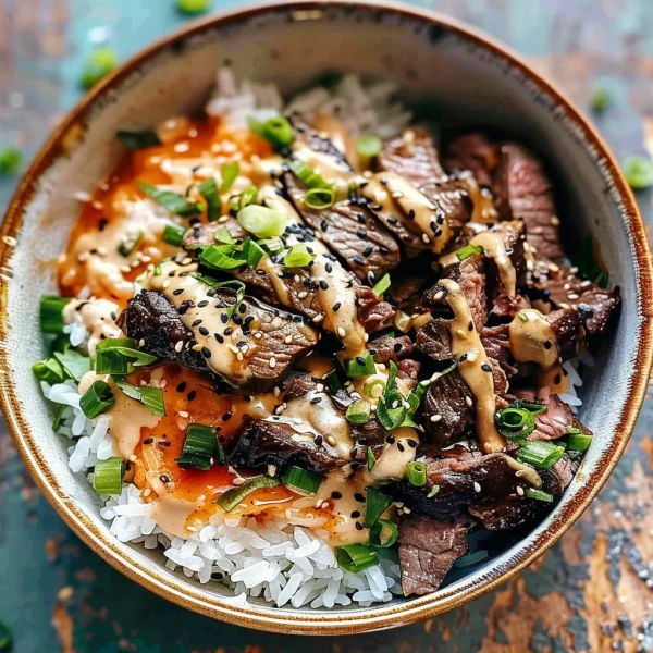 Korean BBQ Steak Rice Bowls with Spicy Cream Sauce