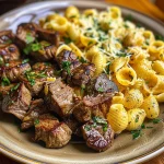 Steak Bites and Shell Pasta in Garlic Butter Alfredo Sauce