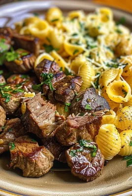 Steak Bites and Shell Pasta in Garlic Butter Alfredo Sauce