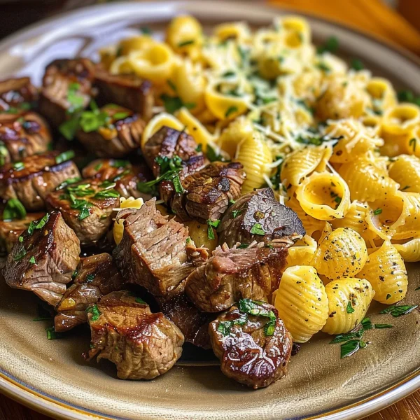 Steak Bites and Shell Pasta in Garlic Butter Alfredo Sauce