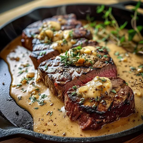 Cast Iron Bavette Steak with Whiskey Garlic Cream Sauce