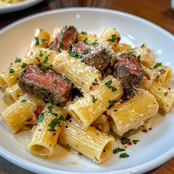 Garlic Butter Steak Tips with Cheesy Rigatoni