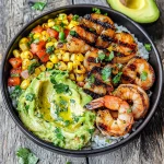 Grilled Shrimp Bowl with Avocado, Corn Salsa & Creamy Sauce
