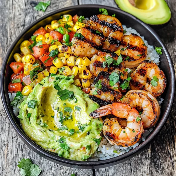Grilled Shrimp Bowl with Avocado, Corn Salsa & Creamy Sauce