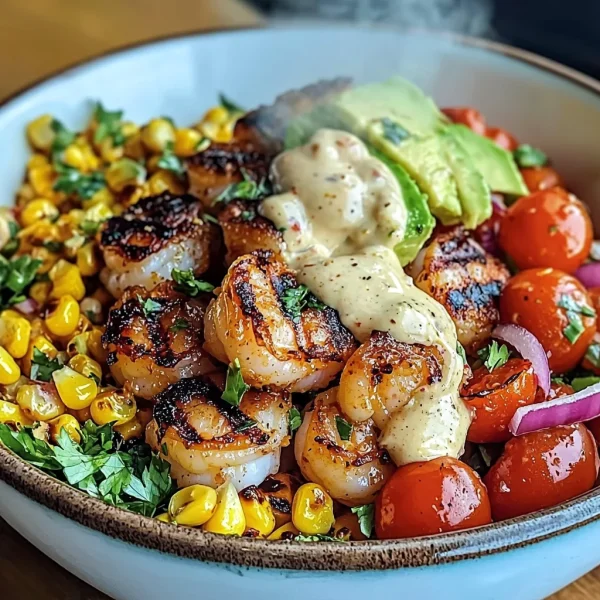 Grilled Shrimp Bowl with Avocado, Corn Salsa & Creamy Garlic Sauce: An Incredible 7-Ingredient Recipe