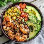 Grilled Shrimp Bowl with Avocado, Corn Salsa & Creamy Garlic Sauce