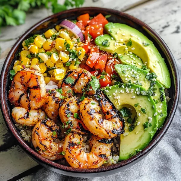 Grilled Shrimp Bowl with Avocado, Corn Salsa & Creamy Garlic Sauce